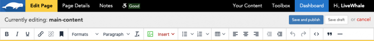 LiveWhale CMS page editor toolbar